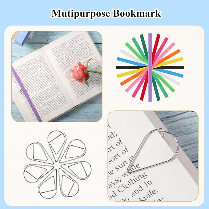 Elastic Bookmarks Set Multi Color Elastic Rope Bands Planner Bookmarks Include 30 Pcs Stainless Steel Teardrop Paper Clips and 12 Pcs Bands for Office School Reader(Bright Color)