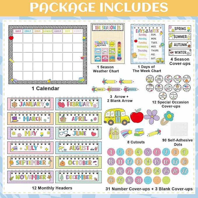 Classroom Calendar Bulletin Board Set for Back to School Bulletin Board Decoration Pencil Apple Seasons Weather Chart Composition Notebook Paper Cutouts for Teachers Elementary School Classroom