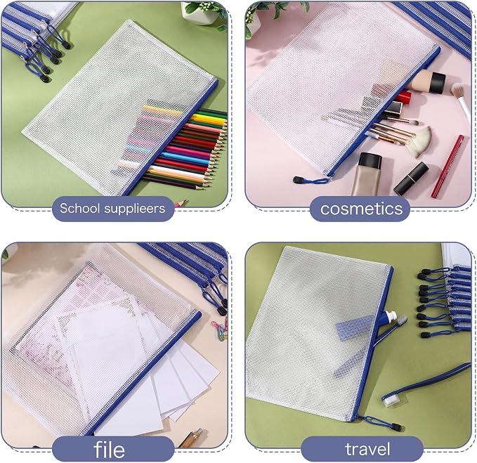 Zhehao 200 Pcs A4 Mesh Zipper Pouch Bulk Waterproof Mesh Zipper Organizer Plastic File Folder Case for School Office Supplies Document Board Games Puzzle (Blue)