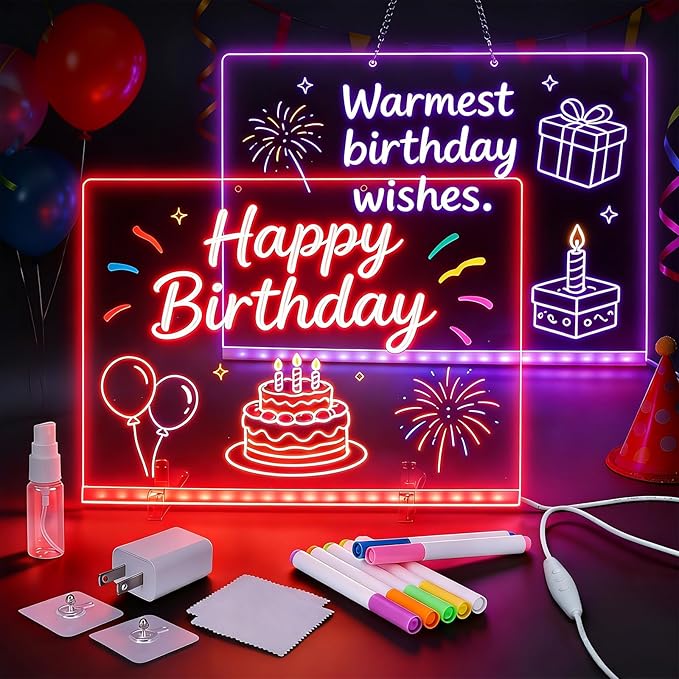 Katze-Tatze 2 Pack LED Note Board with 7 Colors,13.8"x9.8" Acrylic Dry Erase Board 4 Modes Neon Glow Memo Light-Up Message Note Lumiboard with 28 Markers for Home, Office, Festival, Birthday Gift