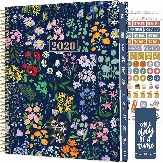bloom daily planners 2026 Planner (January to December) - 8.5” x 11” Weekly & Monthly Dated Agenda Organizer Book with Stickers & Tabs - Flexible Soft Cover - Garden Party, Navy