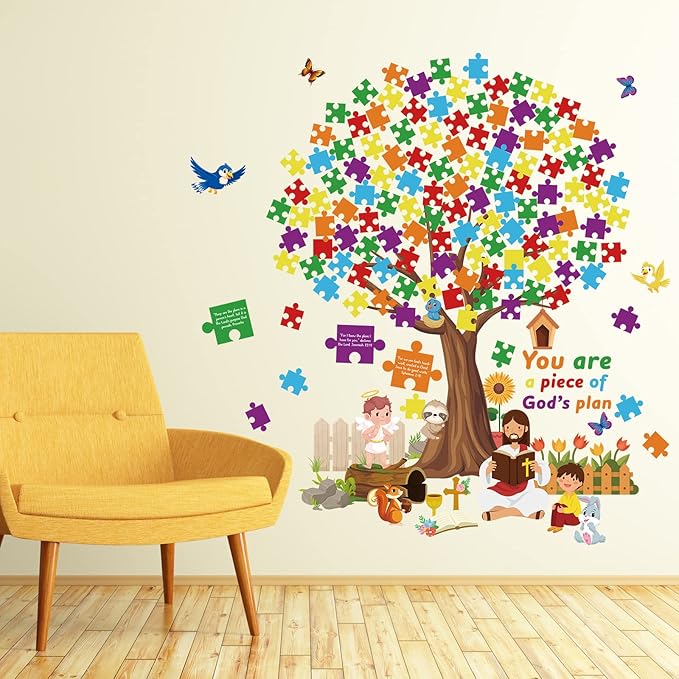 BBTO 155 Pieces of Christian Tree Bulletin Board Set The Gods Plan to Decorate Children's Sunday School, Religious Bible, Scripture Classroom, Cut Decoration, Blackboard Supplies (Puzzle Style)