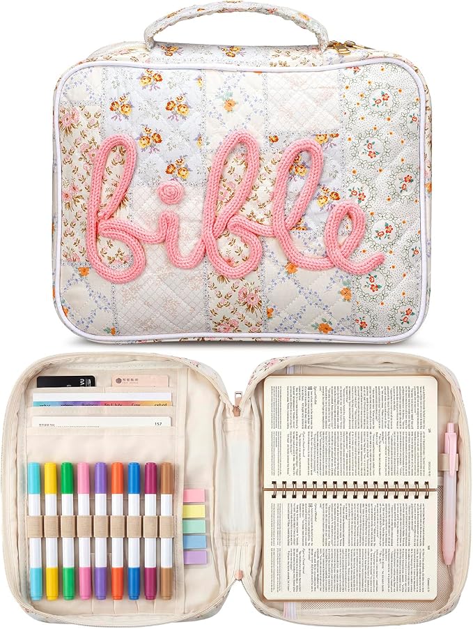 Tallew Bible Cover Case for Women Large Bible Bags with Durable Handle Quilted Carrying Case Church Book Holder Study Supplies Accessories for Christian Gifts