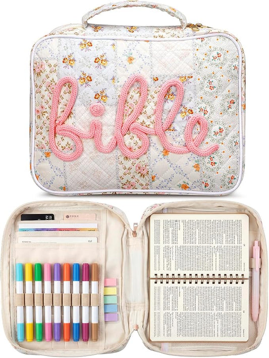 Tallew Bible Cover Case for Women Large Bible Bags with Durable Handle Quilted Carrying Case Church Book Holder Study Supplies Accessories for Christian Gifts