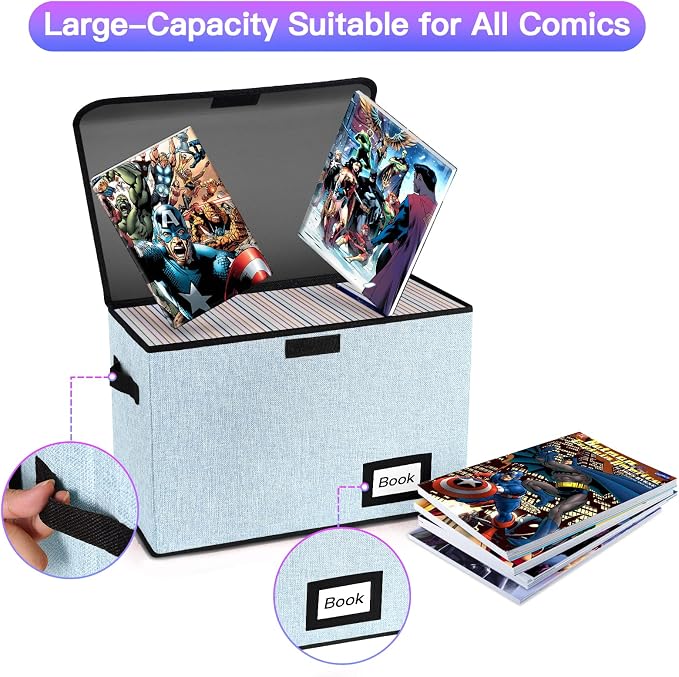 2 Pack Comic Book Storage Box, Comic Protector Organizer, 15.8" X 7.8" X 11.8", Collapsible Comic Short Box, Holds 160-180 Comic Book Container Holder Shelf Bin (Blue)