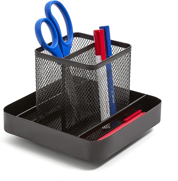 TRU RED Wire Mesh Rotating Desk Organizer, 6‑Compartment – 360‑Degree Desktop Storage for Office Supplies