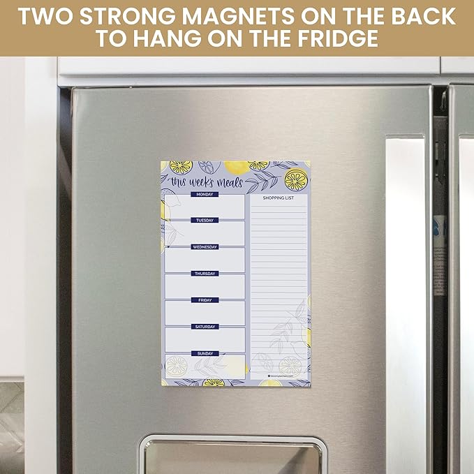 bloom daily planners Weekly Magnetic Meal Planning Pad for Fridge with Tear-Off Grocery Shopping List - Hanging Food/Menu Organizer Notepad with Magnets - 6” x 9" - Lemons