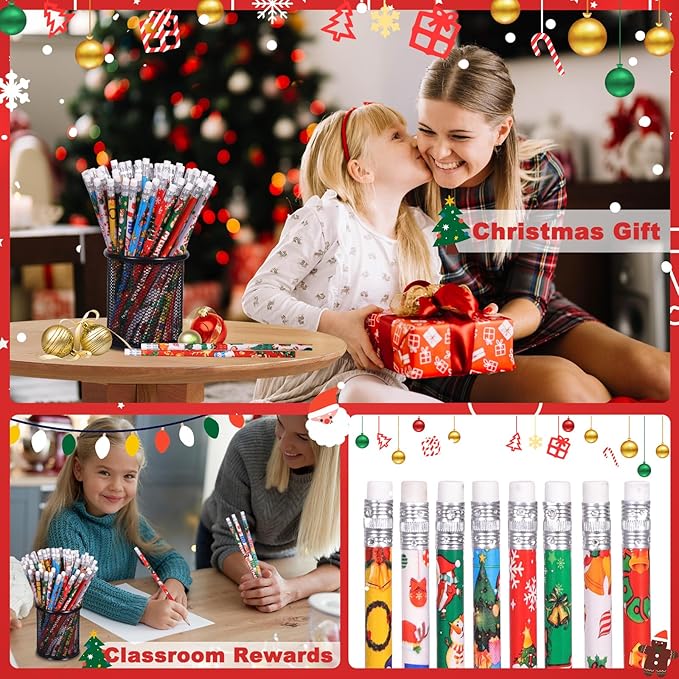 Christmas Pencils Xmas Wood Pencil with Eraser Snowman Pencils Santa Elk Assorted Christmas Stationery Pencil, 8 Styles(24)