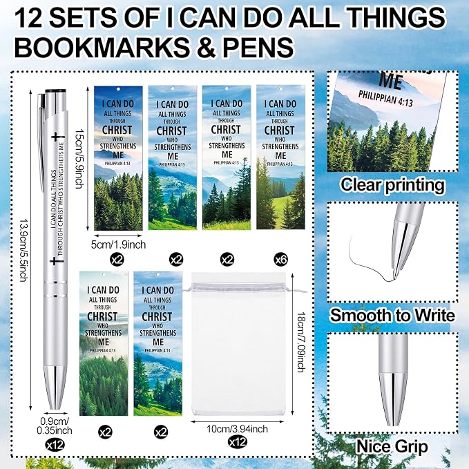 Dispowreath 24 Pcs/12 Sets I Can Do All Things Through Christ Bookmark Pen Set Include 12 Philippians 4:13 Bookmarks 12 Inspirational Religious Pens for Women Men Christian Gifts Church Party Supplies