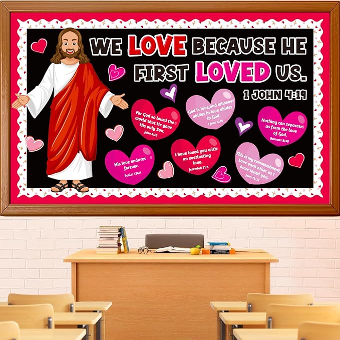 Valentine's Day Religious Bulletin Board Decoration Set, Valentines Day Christian Love God Classroom Decorations Jesus Lord Heart Cutouts Church Library School Home Window Wall Door Decor for Teacher