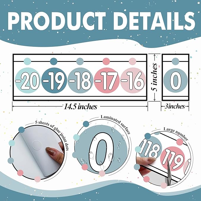 29 Pieces Number Line for Classroom Wall -20 to 120 Number Line Bulletin Board Border Modern Rainbow Classroom Decorations Math Posters for Teachers