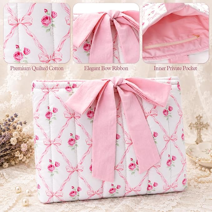 XKDOUS Quilted Cotton Bible Case for Girls and Women, Machine Washable Bible Book Cover with Large Capacity Pen Bag, Soft Cute Bible Carrying Bag with Bow Fits Most Standard Bibles, Sweet Rose