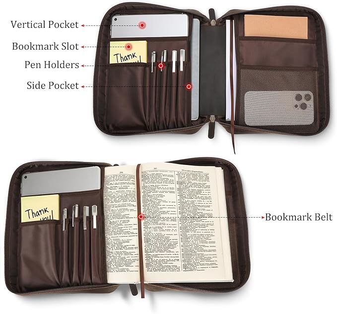 Polare Cowhide Leather Bible Cover Church Bag Bible Protective Book Holder Carrying Case Folder Organizer Portfolio (Dark Brown-Medium)