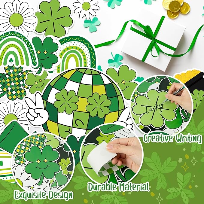 141Pcs St. Patrick’s Day Bulletin Board Classroom Decoration Retro Hippie Rainbow Flower Cutouts Shamrock Clover Name Tags Green Border Trim School Chalkboard Supplies Wall Door Decor