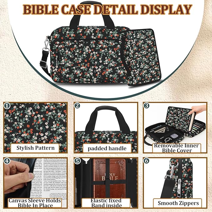 Large Bible Bags for Women Organizer with Bible Cover Case, Bible Cover with Shoulder Strap & Journaling Kit, Pens and Highlighters Cross Clip for Bible Study & Church, Gift for Mom - Flower