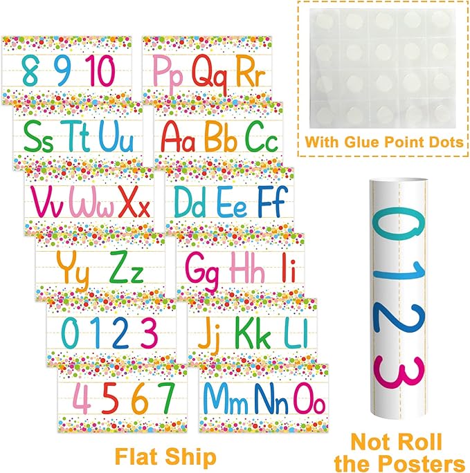 12 Pieces Alphabet Bulletin Board Strips Set Alphabet Line ABC Alphabet Banner & Number Border Posters for Preschool Kindergarten Classroom Playroom Bedroom (Confetti)