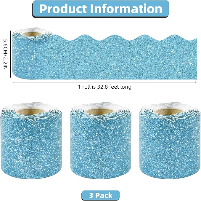 3 Rolls 98.4 Ft Glitter Bulletin Board Borders Set - Sky Blue Bulletin Board Decorations for Classroom, Office，School Supplies & Home DIY - Perfect for Teachers, Posters & Birthday Party Decor