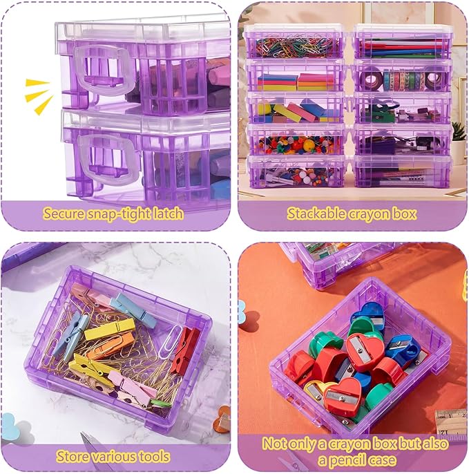 Suzile 40 Pcs Plastic Crayon Boxes Holds 24 Crayon with Snap Lid Storage Container Clear Stackable Case for School Office Classroom Supplies Pen Pencil Craft(Purple)