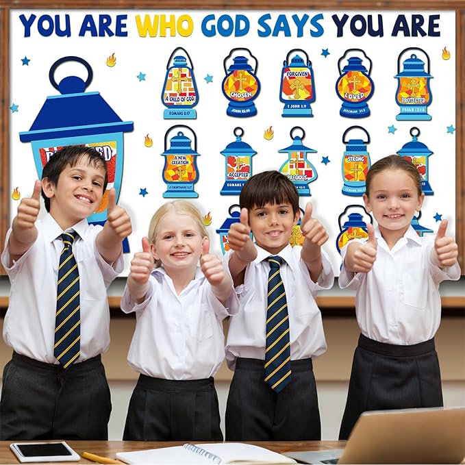 Blosssound Christian Bulletin Board Set Inspirational Classroom Decorations Jesus Oil Light God Says You Are Religious Cutouts for Sunday School Home Ofiice Church Back to School Wall Decor Supplies
