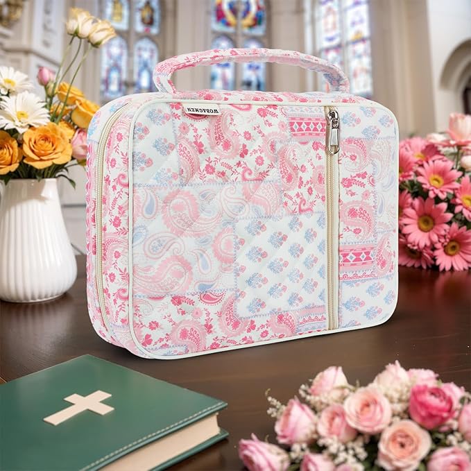 WOBAGMEN Bible Cover Case for Women,Large Bible Tote Bags Organizer Quilted Carrying Case for Girls,Bible Study Supplies Accessories Christian Gifts for Women (peisili Patchwork, M)