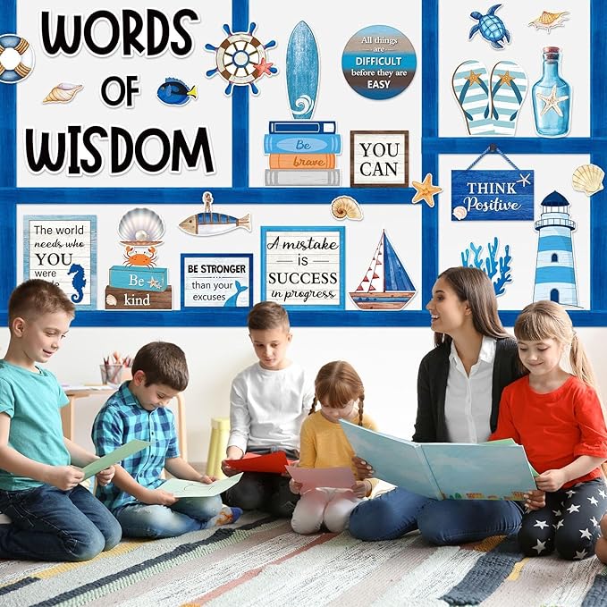 Mooliwe 57 Pcs Nautical Bulletin Board Set Inspirational Ocean Bulletin Board Decoration Positive Cutout Classroom Decoration for School Office Home Teacher Classroom Wall Supplies