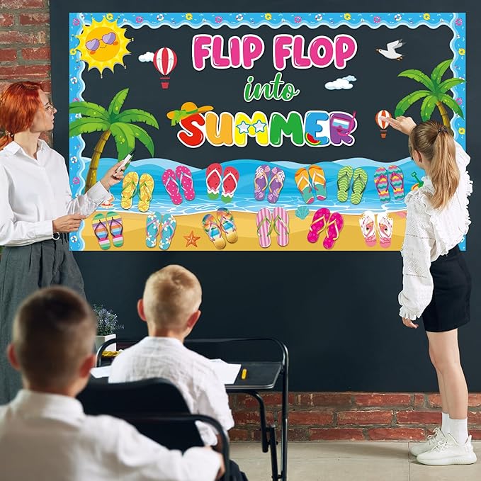Summer Classroom Bulletin Board Decorations Flip Flop DIY Name Craft Cutouts with Paper Flip Flop Into Summer Cutouts Hawaiian Tropical Bulletin Board for Student Teacher Back to School Supplies