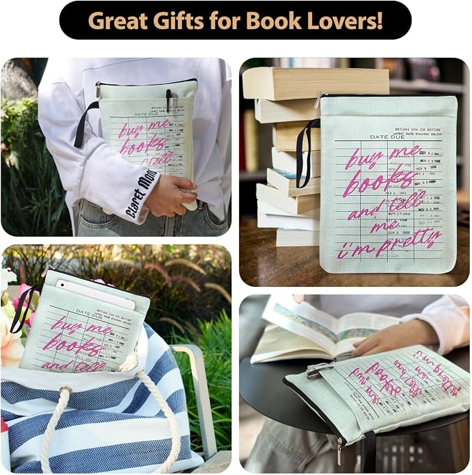 Buy Me Books and Tell Me I'm Pretty Book Sleeve for Women Book Lovers, Vintage Book Covers Protector for Paperbacks with Handle & Zipper for Bookish, Book Club Reading Accessorie Gifts for Chritsmas
