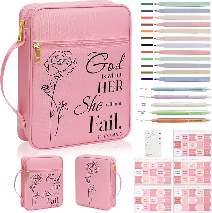 Bible Cover for Women, Bible Holder, Bible Study Supplies Accessories Bible Cover Carrier Carrying Organizer Bag, Zipper and Pockets for Standard Size Bible, Gift for Women（pinksuit）