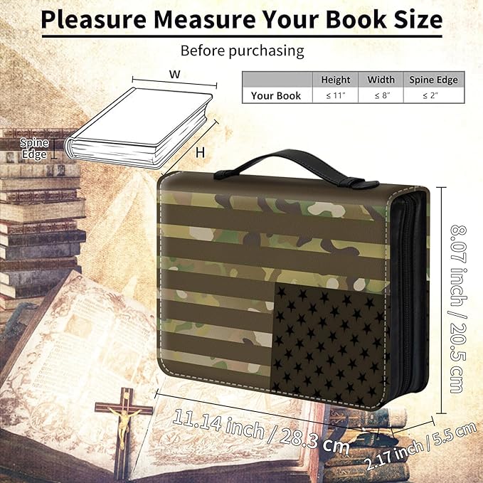 Bible Cover for Men,Large Leather Bible Case Fit Book Up to 11x8x2 Inch,USA Flag Camouflage Bible Covers Bible Study Carrier Church Bags w/Handle & Zipper