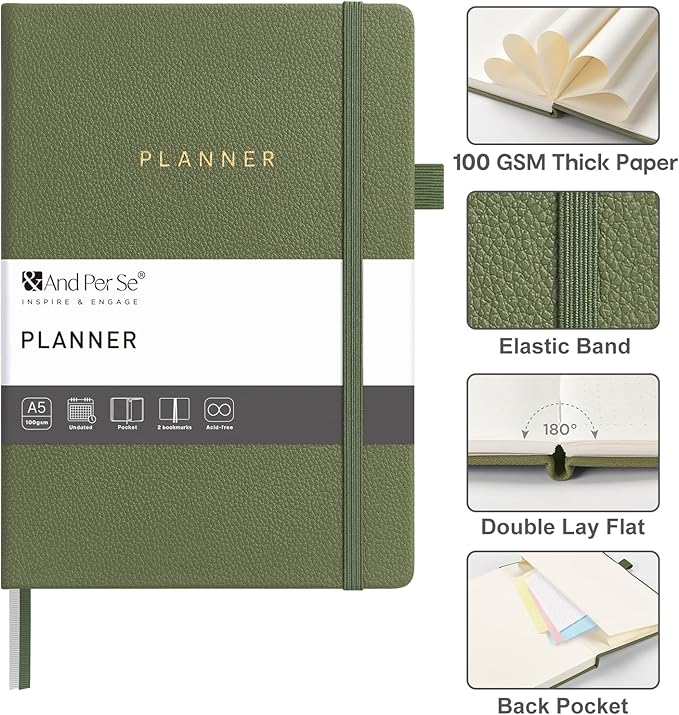 And Per Se Undated Weekly Planner 2026, A5 size Leather Hardcover Planner with Goals & Habit Tracker – ADHD Planner & Productivity Journal (Olive Green)