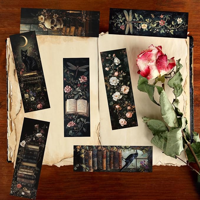 Wxiben Dark Academia Bookmarks for Women - 100 Pcs Gothic Flower Book Mark Retro Aesthetic Bookmark Skull Dragonfly Plants Page Marker Clip Gift for Book Lovers Students Teachers Bookish Reading