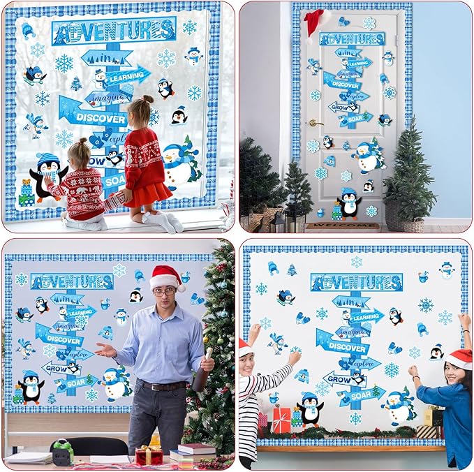 Winter Bulletin Board Set Winter Adventures Classroom Decorations Adventures in Learning Snowman Snowflake Penguin Paper Cutouts for January Holiday Party Supplies