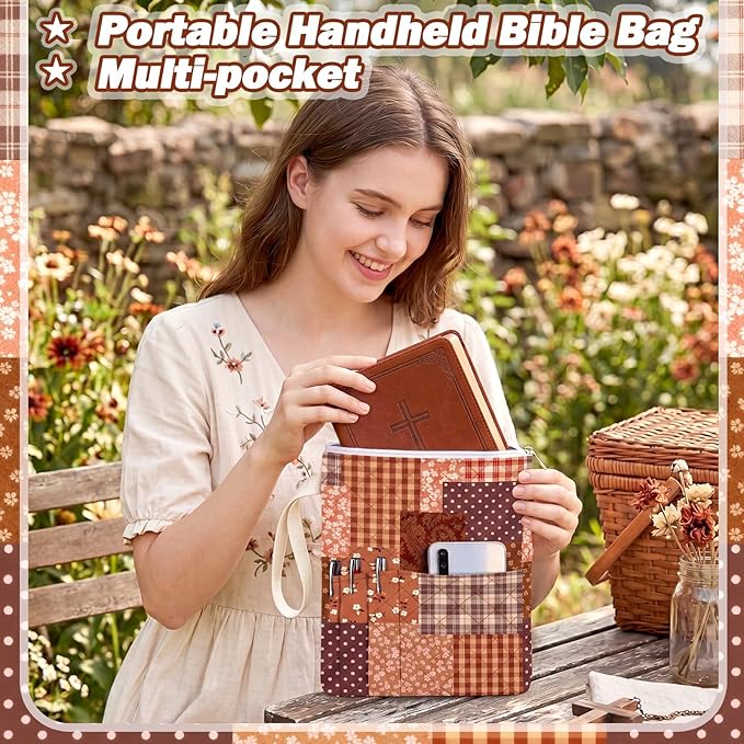 Gilprop Bible Book Sleeve with Zipper 11" x 9" Padded Protector Washable Quilted Book Covers Printed Bible Pouch with Handle Pockets Protector for Books Lover Christian Gifts (Brown Spliced Style)