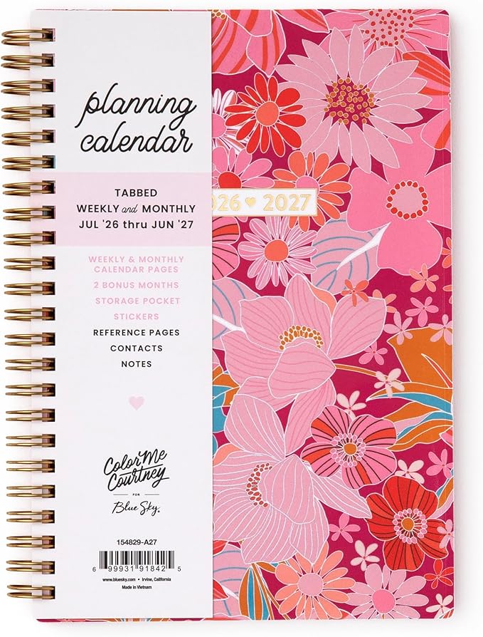 Blue Sky Color Me Courtney 2026-2027 Weekly and Monthly Academic Year Planner Calendar, July 2026 - June 2027, 5" x 8", Flexible Cover, Wirebound, Laminated Tabs, Storage Pocket, Includes Stickers, Bloom Pink