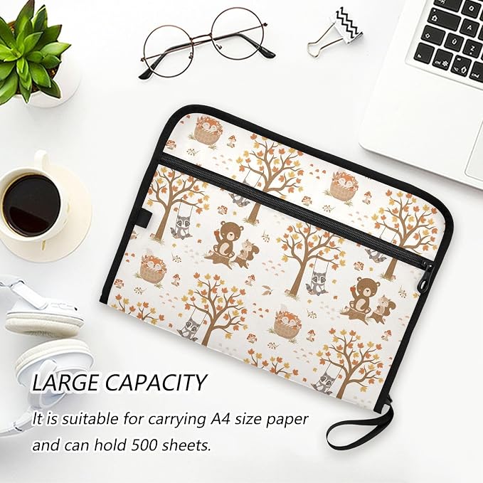 Cute Woodland Animals Beige File Folders,Plastic Folders with 13 Pockets,Expandable File Folder for Documents School Students Office,Aesthetic Folder with Labels A4 Letter Size