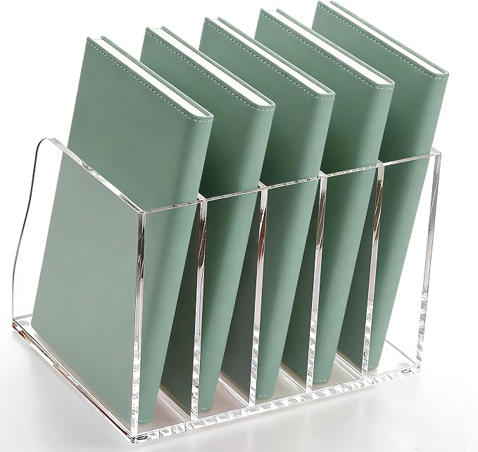 YUXUN Clear Acrylic File Folder Holder - 5 Vertical Compartments Desk Document Sorter, Upright Magazine Rack for Office/Home/Classroom, Stores Documents, Tablets, Magazines, Books & Accessories