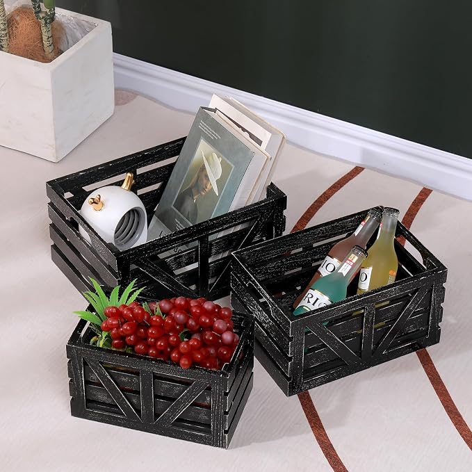 Storage Crates Nesting Wooden Boxes 3 Pack,Wood Storage Crates with Handles,Rustic Farmhouse Crates,Wooden Storage Container for Display
