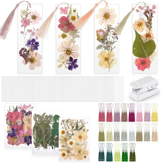 Fuyoooo 376 Pcs Dried Flower Bookmark Making Kit, DIY Bookmark Laminating Pouches with Tassels and Puncher DIY Project Gifts for Women Night Out Craft Book Lovers (Boho Color,2 x 6 Inch)