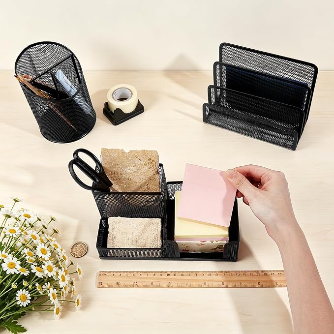 3PCS Metal Office Supply Desk Organizer Mesh Pen Holder with 3 Compartments Round Black Pencil Holder Mesh Mail Organizer Bill/Letter Organizer Desk Organizers for Office Home School