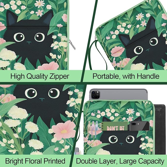 Book Sleeve Book Pouch, Cute Cat Floral Print Book Protector Case with Zipper, PU Leather Waterproof Book Cover Bag, Portable Book Pouch for Book Lovers Gifts Paperbacks Hardcover