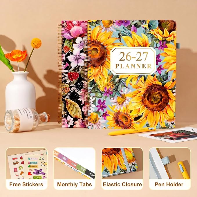 Planner 2026-2027 Weekly and Monthly 18 Month Daily Calendar Planners July 2026-Dec 2027 8.5 x 11 Yearly Hardcover Large Agenda with Stickers& Tabs for Women- Sunflower