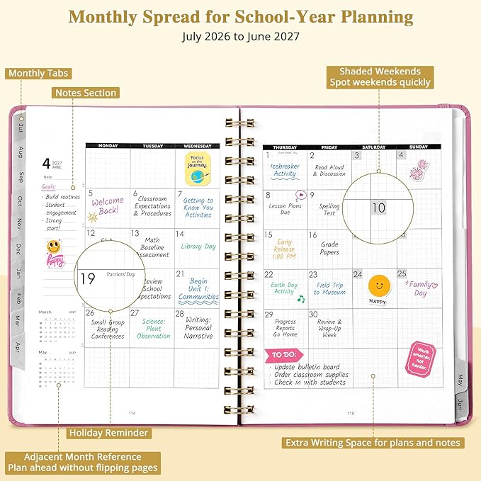 JoyCat Academic Planner 2026-2027, July 2026 - June 2027, A5 Weekly & Monthly Planner, Hardcover Agenda with Tabs, 5 Sticker Sheets, Elastic Closure & Pocket for Teachers & Students, 6.3" x 8.5", Pink