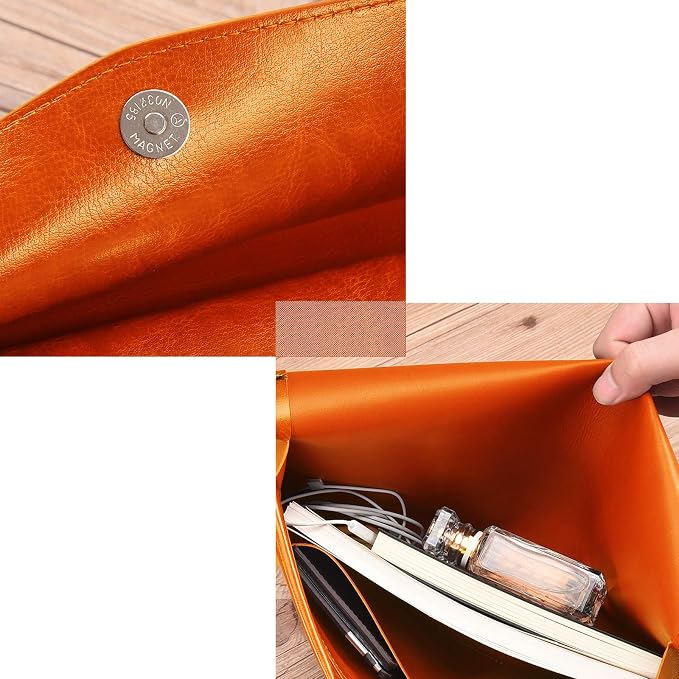 PU Leather A4 File Folder Document Holder Envelope Folder Case with Snap Closure for Receipt Contract Orange