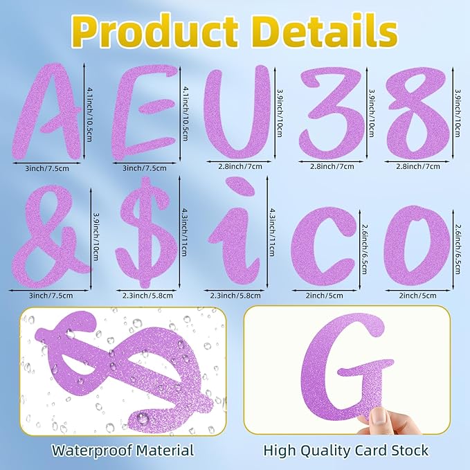 273 Pcs 4 Inch Glitter Bulletin Board Letters Set - Poster Board Letter Cutouts with Alphabet, Symbols, Numbers, Storage Bag - Classroom Decor, DIY Projects, Teacher Supplies, Office (Light Purple)