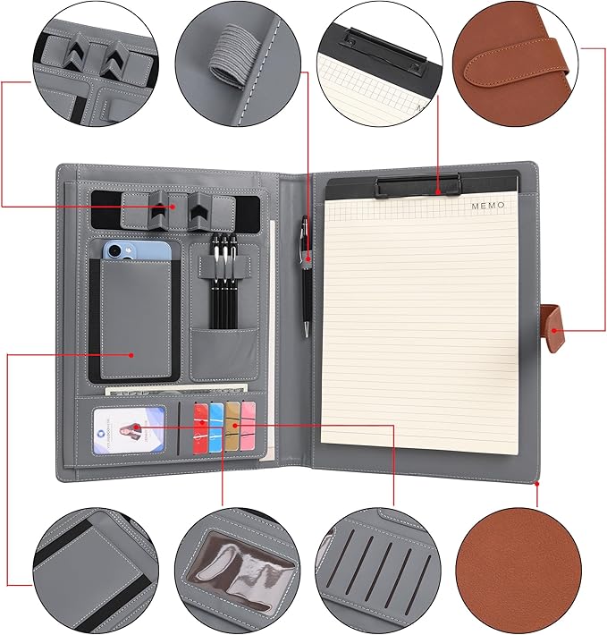 Wason Portfolio Padfolio A4 Leather PU Folder File Document Holder Case with Writing Pad and Removable Clipboard for Organizer Office Travel School (Brown)