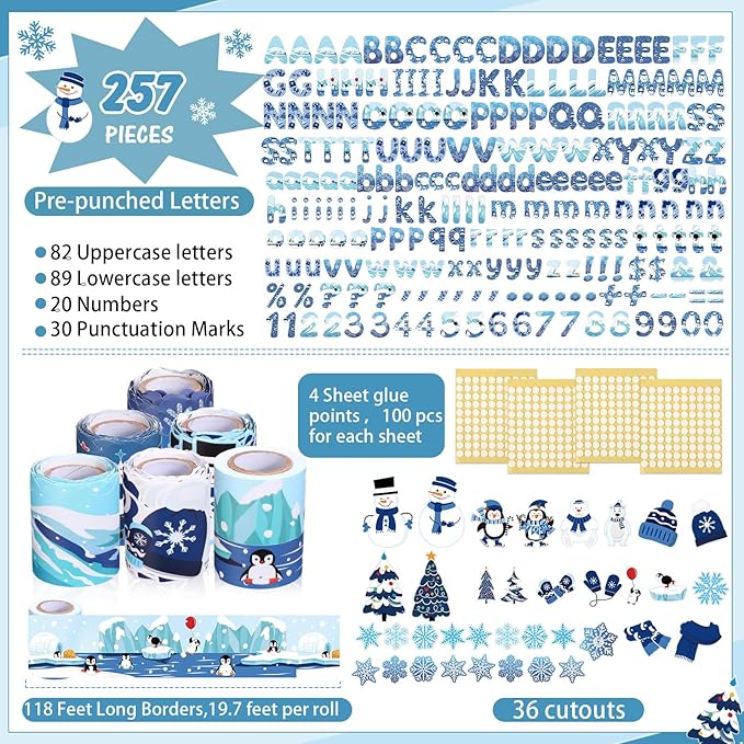 Kosiz Winter Bulletin Board Decoration Set 118 ft Scalloped Bulletin Board Borders Snowflake Classroom Poster Border Trim with 257 Pcs Letter Number Symbol Cutout for School Winter Decor