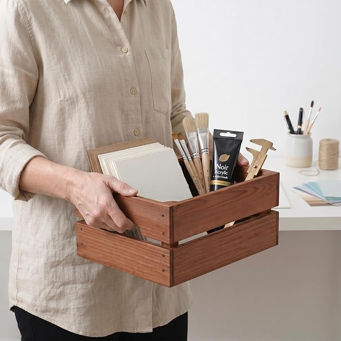 WOPITUES Wooden Crate,Wood Crates for Storage,Stackable Storage Bins and Pantry Organizers with Handles,Pantry Baskets,Wooden Box for Pantry,Kitchen,Garden,Garage,Display, Rustic Brown