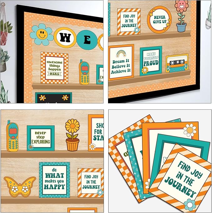 Welcome Back to School Bulletin Board Decorations, Hippie Retro Classroom Decorations Motivational Bookshelf Cutouts Groovy Bulletin Board Set for Classroom School Office Door Wall Decor