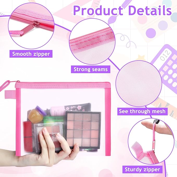 15 Pcs Mesh Zipper Pouch Bags,Pink Makeup Bags,Zipper Nylon Mesh Pouch,Nylon Mesh Cosmetic Bags,Portable Makeup Pouches Organizing for Travel and Office Supplies(Pink, A5)