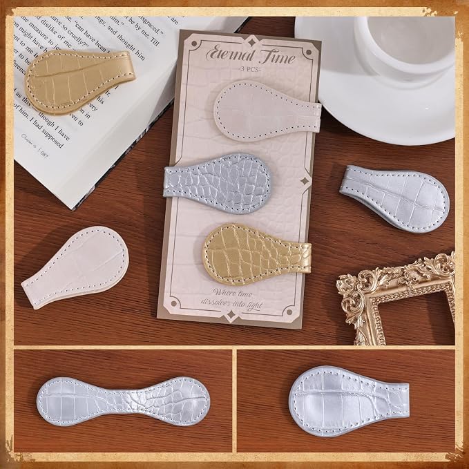 3PCS Vintage Magnetic Leather Bookmark, Leather Magnetic Bookmarks for Women, Magnetic PU Bookmarks Clip Book Accessories, Golden Pattern